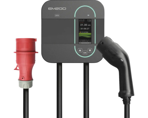 EM2GO Elektroauto Ladestation mit Display, CEE Stecker und Typ 2 Ladestecker zur Wandmontage für Elektrofahrzeuge.