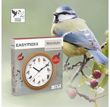 EASYmaxx Wanduhr mit Vogelmotiven und authentischem Singvogelgesang zu jeder vollen Stunde, Durchmesser 25 Zentimeter, Rahmen in Holzoptik.
