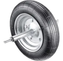Schubkarrenrad mit Achse, Gummireifen mit Profil und silberner Metallfelge.