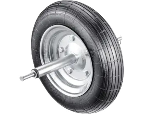 Schubkarrenrad mit Achse, Gummireifen mit Profil und silberner Metallfelge.