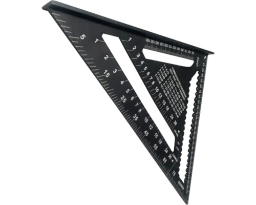 Schwarzer Zimmermannswinkel aus Metall mit weißen Skalen für Winkelmessungen in Grad und Längenmaße.