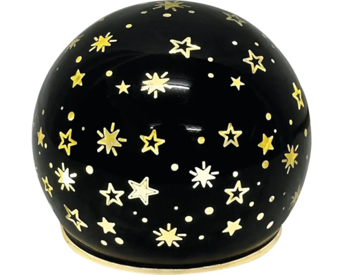 Boule décorative noire avec des étoiles et des points dorés sur un socle rond.