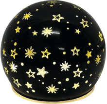 Boule décorative noire avec un motif d'étoiles et de points dorés.