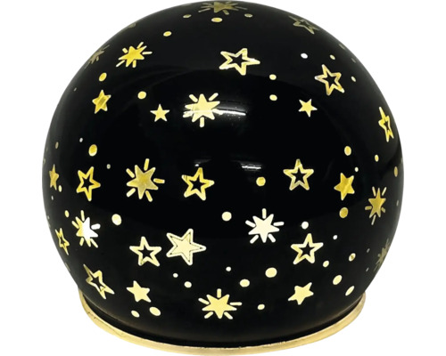 Boule décorative noire avec un motif d'étoiles et de points dorés.