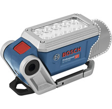 Bosch Akku-Baustrahler GLI 12 Volt 330 Professional mit 10 LED, verstellbarem Standfuß und Bosch Logo.