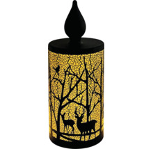 Bougie LED décorative avec silhouette de forêt, cerfs et arbres sur verre mosaïque jaune avec pointe noire en forme de flamme.
