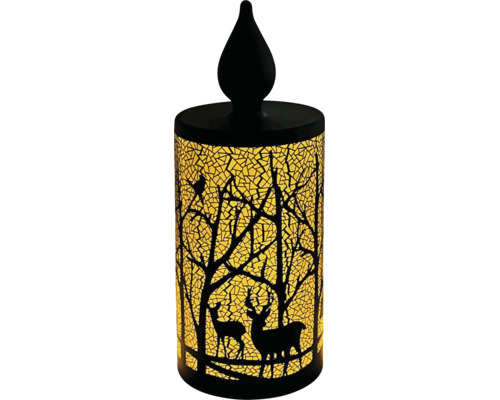 Bougie LED décorative avec silhouette de forêt, cerfs et arbres sur verre mosaïque jaune avec pointe noire en forme de flamme.
