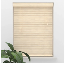 Jalousie aus hellem Holz mit horizontalen Lamellen für das Fenster.