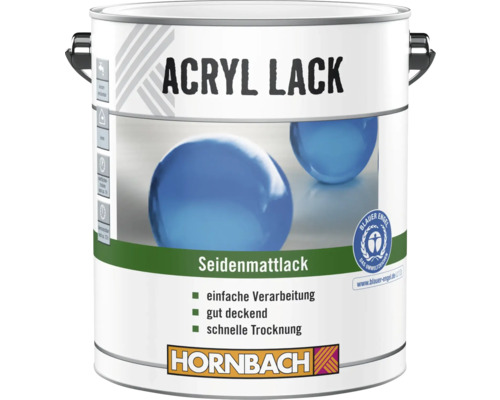 Hornbach Acryl Lack Seidenmattlack, umweltfreundlich, gut deckend, schnelltrocknend, Hornbach Logo.