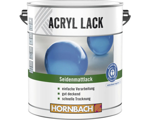 Hornbach Acryl Lack Seidenmattlack, umweltfreundlich zertifiziert, einfache Verarbeitung, gute Deckkraft, schnelle Trocknung, Hornbach Logo.