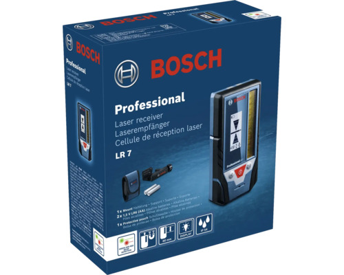Kit cellule de réception laser Bosch Professional LR 7 avec support, piles et housse, protection contre la poussière et les projections IP 54.