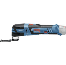 Découpeur-ponceur sans fil Bosch Professional GOP 12 Volt-28 bleu et noir avec interface Starlock et lame de scie montée.