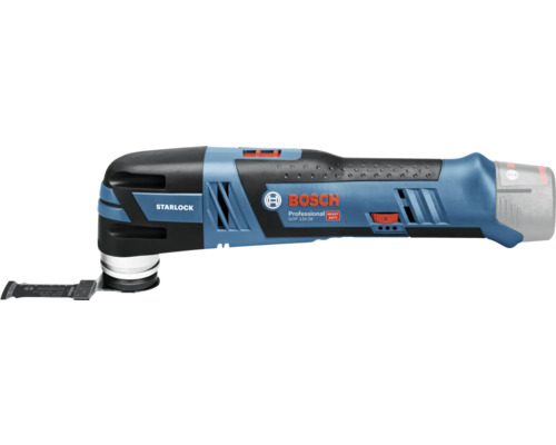 Découpeur-ponceur sans fil Bosch Professional GOP 12 Volt-28 bleu et noir avec interface Starlock et lame de scie montée.