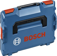 Blauer Bosch Werkzeugkoffer L-Boxx aus Kunststoff mit schwarzen Tragegriffen und roten Schnappverschlüssen.