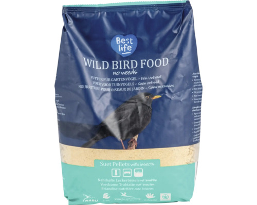 Nourriture oiseaux Best Life, granulés aux insectes, sans mauvaises herbes, NABU Logo, LBV Logo, Vogelbescherming Nederland Logo, Natagora Logo.