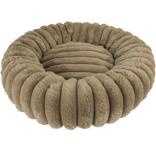 Panier rond brun pour animaux en peluche douce avec une structure nervurée.