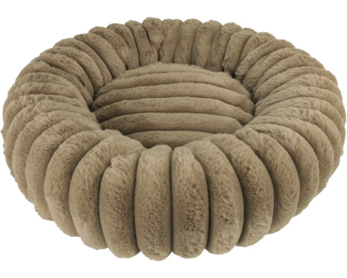 Panier rond brun pour animaux en peluche douce avec une structure nervurée.