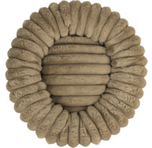 Coussin décoratif rond, beige avec structure nervurée en peluche douce.