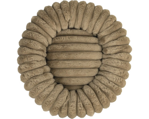 Coussin décoratif rond, beige avec structure nervurée en peluche douce.