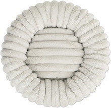 Coussin rond de couleur crème en peluche nervurée en fausse fourrure douce.