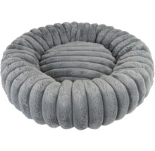 Panier rond pour chien en peluche douce avec structure nervurée de couleur grise.