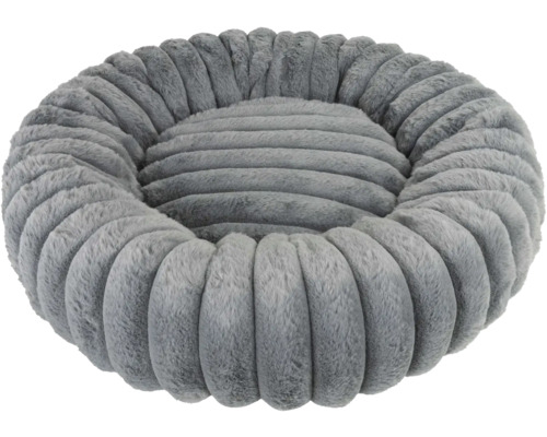 Panier rond pour chien en peluche douce avec structure nervurée de couleur grise.