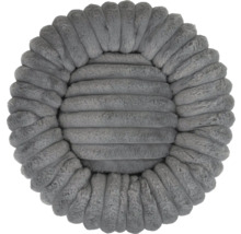 Coussin rond pour animaux avec surface en peluche douce et structure côtelée.