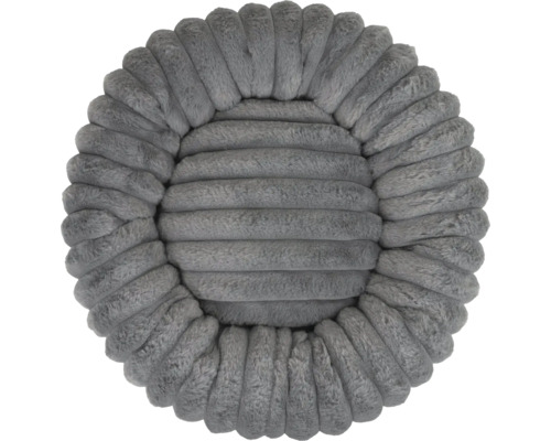 Coussin rond pour animaux avec surface en peluche douce et structure côtelée.