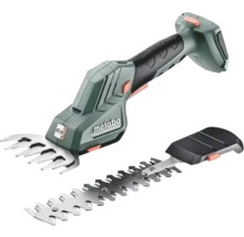 Cisaille à gazon et à arbustes sans fil Metabo SGS 18 LTX Q avec deux embouts interchangeables.