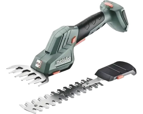 Cisaille à gazon et à arbustes sans fil Metabo SGS 18 LTX Q avec deux embouts interchangeables.