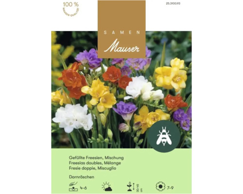 Samen Mauser Logo. Samentüte für gefüllte Freesien Mischung Dornröschen mit bunten Blüten. Bienenfreundlich.