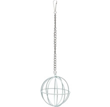 Meisenknödelhalter aus Metalldraht in Kugelform mit Kette und Haken zum Aufhängen.