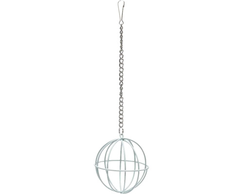 Meisenknödelhalter aus Metalldraht in Kugelform mit Kette und Haken zum Aufhängen.