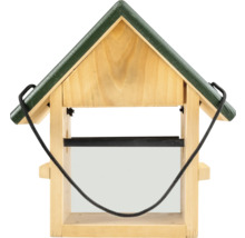 Mangeoire pour oiseaux en bois avec toit à deux pans vert et cordon noir de suspension.