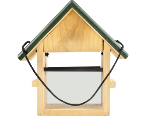 Mangeoire pour oiseaux en bois avec toit à deux pans vert et cordon noir de suspension.