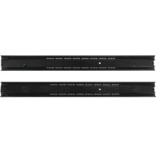 Zwei schwarze Teleskopschienen aus Metall für Schubladen.