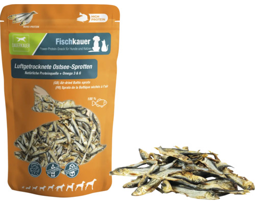 Dauerkauer Fischkauer Luftgetrocknete Ostsee-Sprotten, proteinreicher Snack für Hunde und Katzen, glutenfrei und zuckerfrei.
