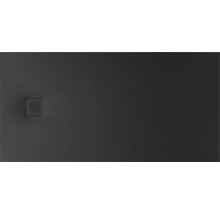 Receveur de douche rectangulaire anthracite avec cache-bonde carré au motif rayonné.