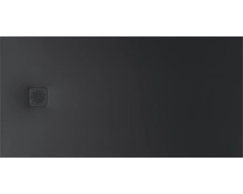 Receveur de douche rectangulaire anthracite avec cache-bonde carré au motif rayonné.