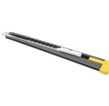Cutter noir à lame sécable avec extrémité jaune en plastique et métal.