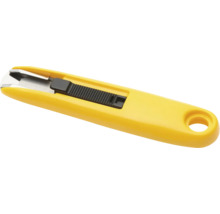Couteau de sécurité jaune en plastique avec curseur noir et trou de suspension.