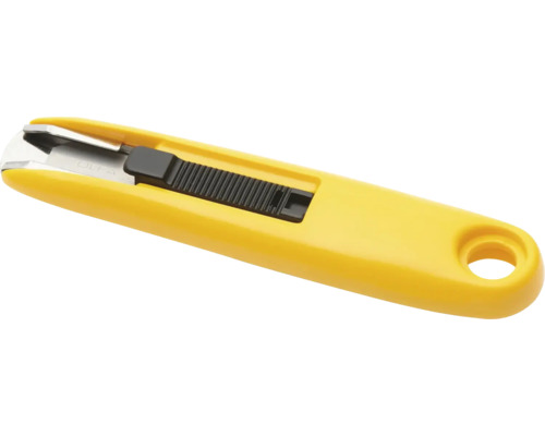 Gelbes Sicherheitsmesser aus Kunststoff mit schwarzem Schieber und Aufhängeloch.