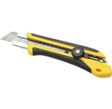 Cutter Olfa à lame sécable avec molette de serrage, poignée ergonomique jaune et noire, lame en acier.