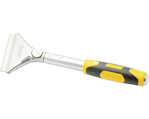 Grattoir Olfa avec tête en métal argenté et poignée ergonomique jaune et noire pour travaux de nettoyage.