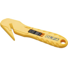 Cutter de sécurité Olfa avec lame cachée et poignée en plastique jaune.