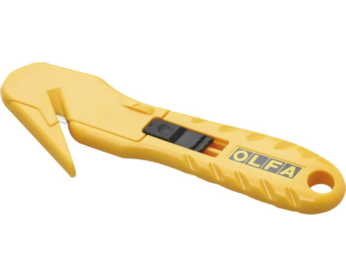 Cutter de sécurité Olfa avec lame cachée et poignée en plastique jaune.