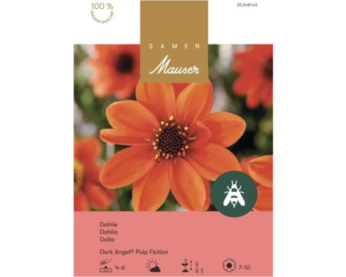 Logo Samen Mauser. Sachet de graines pour dahlias oranges Dark Angel Pulp Fiction avec illustration d'une fleur et symbole pour les abeilles.