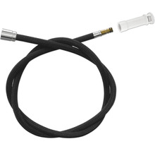 Flexible de douche en textile noir pour robinetterie de cuisine avec raccords métalliques et adaptateur blanc.