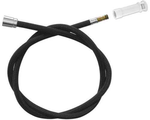 Flexible de douche en textile noir pour robinetterie de cuisine avec raccords métalliques et adaptateur blanc.