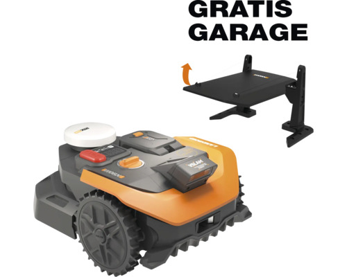 Worx Landroid Vision Mähroboter in Orange und Schwarz inklusive Gratis Garage.